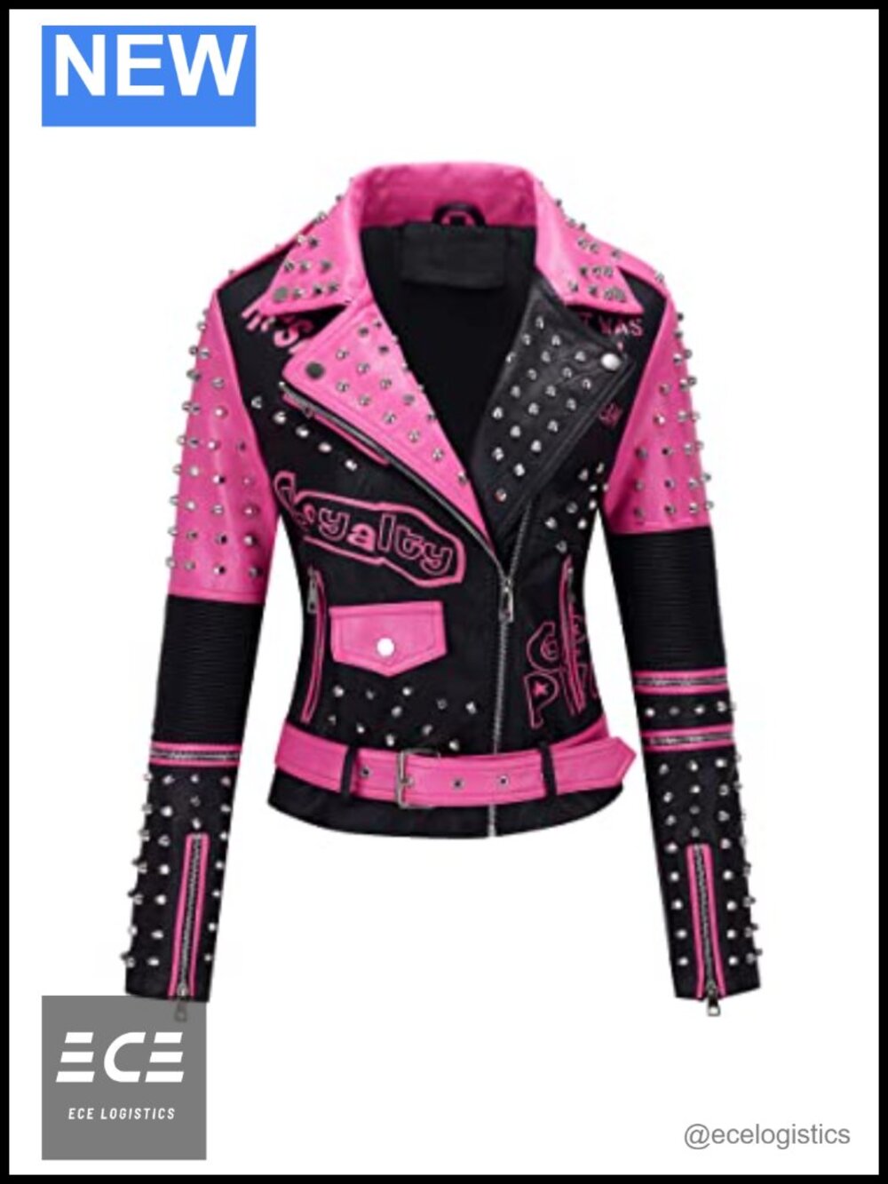 Faux Leather Studded Moto Jacket Belted Short Streetwear Zip Pockets